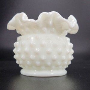 FENTON HOBNAIL MILK GLASS WHITE RUFFLED CRIMPED RIM 4 1/4" VASE 1960-1980
